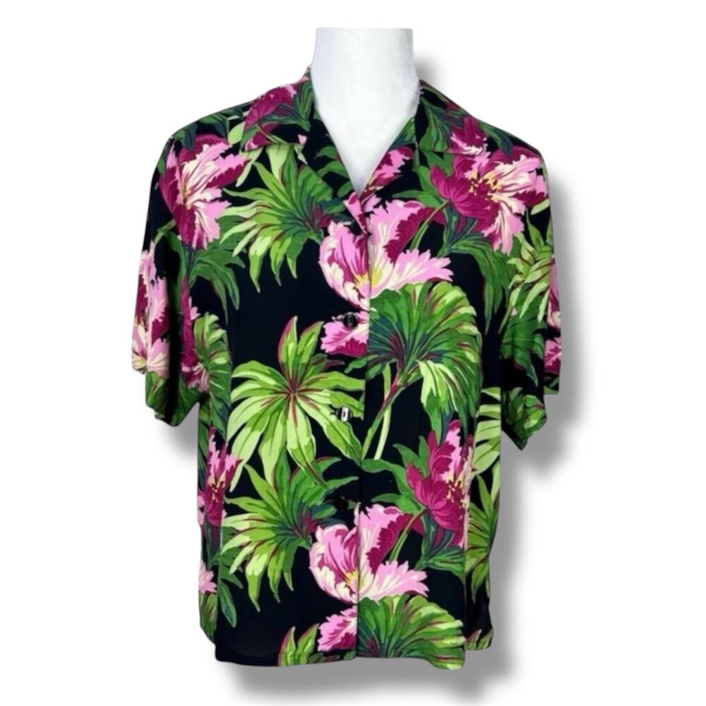 Ilyse Hart Hawaiian Shirt Women M Black Tropical Floral Rayon Vintage Aloha
